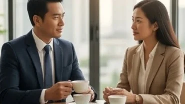 Nam nữ doanh nhân tự tin đàm phán thể hiện tướng người có giọng nói trầm đầy uy lực mang lại tài lộc