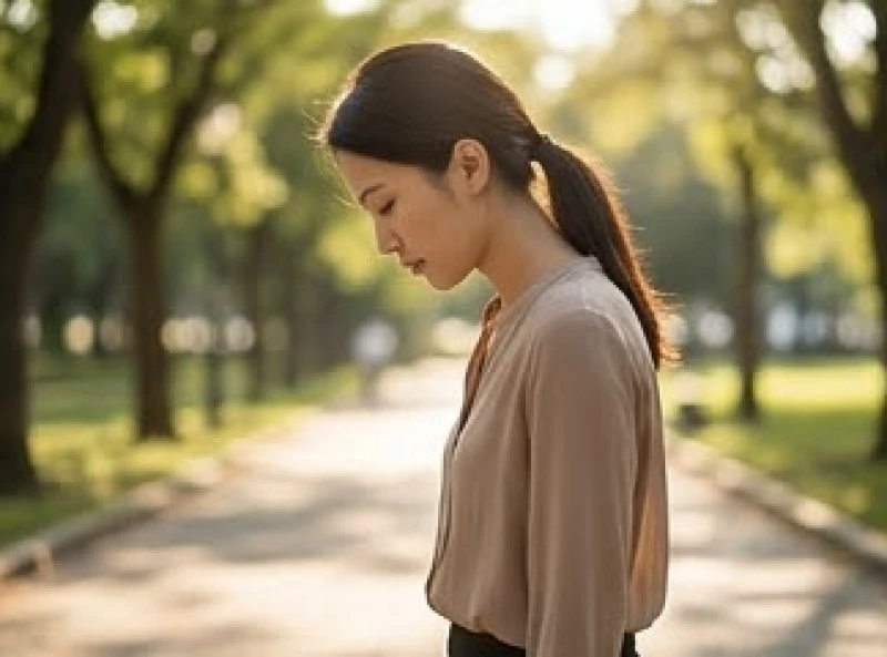 Một cô gái có tư thế đi chúc đầu về phía trước với ánh mắt luôn nhìn xuống mặt đất khi di chuyển