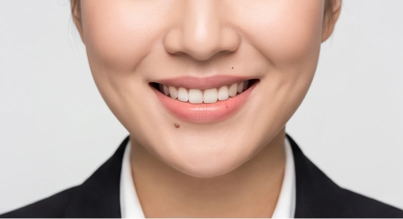 Cận cảnh góc nghiêng nụ cười của phụ nữ với nốt ruồi nhỏ nhắn tại môi dưới bên trái