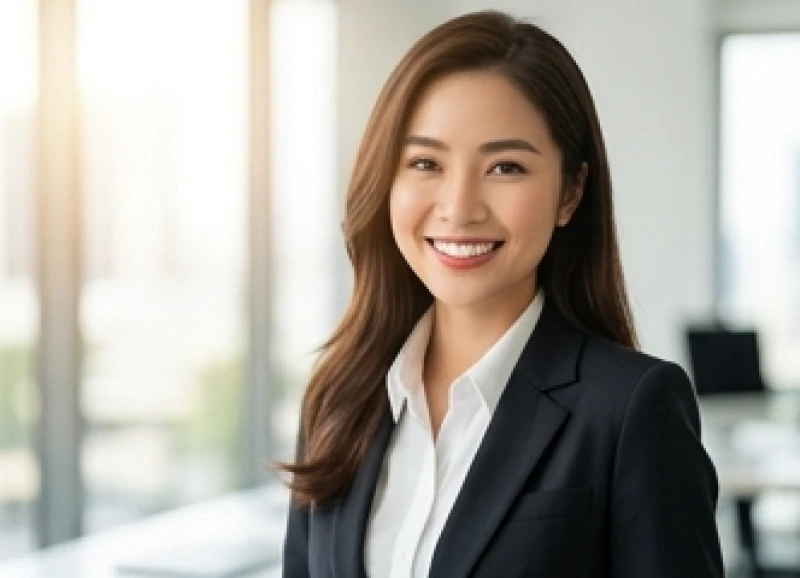 Nữ doanh nhân tự tin mỉm cười rạng rỡ làm việc tại văn phòng, đại diện cho nét tướng phú quý tài vượng