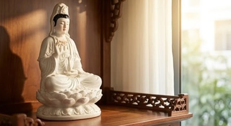 Văn khấn Phật Bà Quan Âm tại nhà: Trọn bộ bài cúng và nghi thức 1 Tượng Phật Bà Quan Âm bằng sứ trắng tinh khôi đặt ở vị trí trung tâm không gian thờ tự tại nhà