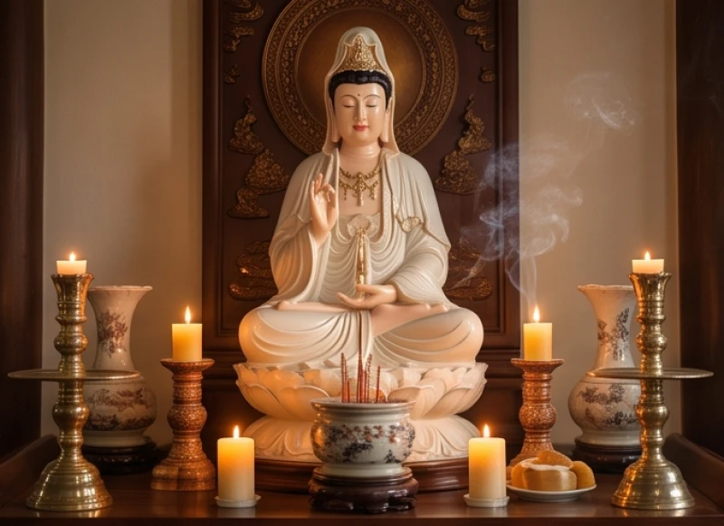 Tượng Phật Bà Quan Âm uy nghi thanh tịnh được thờ phụng tại gian chánh điện của một ngôi chùa