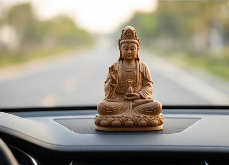 Phong thủy xe cho người tuổi Sửu: cẩm nang từ A-Z 10 Tượng Phật Bồ Tát Hư Không Tạng bằng gỗ trầm hương đặt trang trọng trên taplo xe ô tô