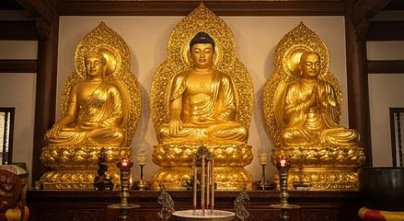 Ba pho tượng Phật thếp vàng uy nghi và trầm mặc được bài trí tại trung tâm chính điện của một ngôi chùa