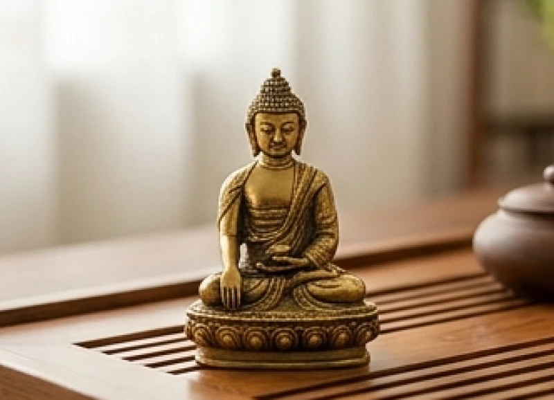 Bức tượng Phật nhỏ đúc bằng đồng thau nguyên khối đặt tĩnh tại trên bàn trà bằng gỗ