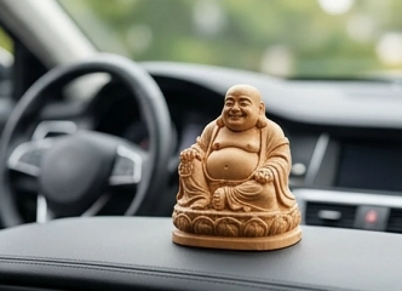 Tượng phật Di Lặc bằng gỗ tự nhiên đặt trên taplo ô tô để hóa giải phong thủy