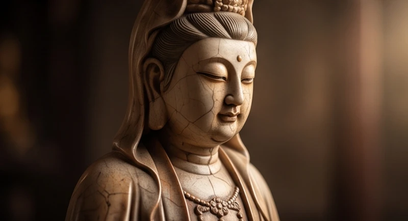 Bức tượng Phật Quan Âm bằng gốm sứ cổ kính có những vết rạn nứt nhỏ do thời gian