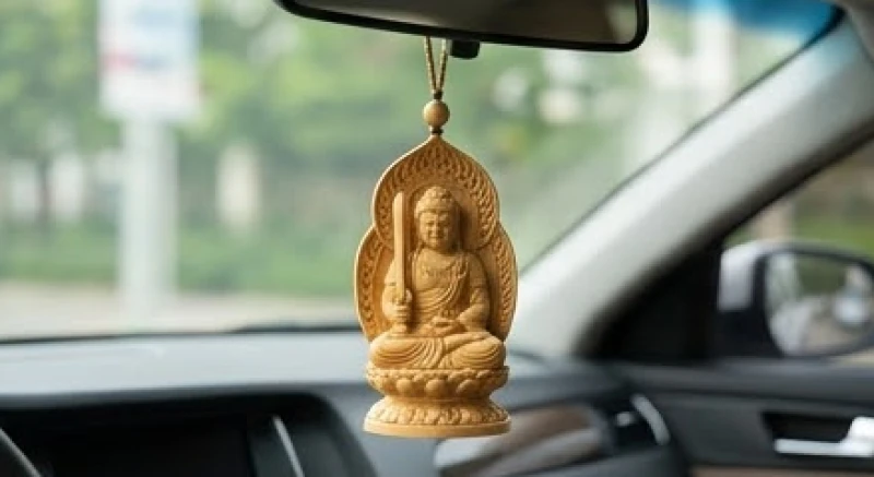 Mặt khánh gỗ chạm khắc hình Phật Bất Động Minh Vương cầm gươm uy nghiêm treo trong khoang lái