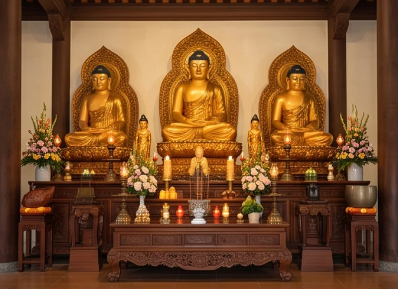 Văn khấn ban Tam Bảo tại chùa: Bài khấn chuẩn và cách sắm lễ 2 Các bức tượng Phật vàng uy nghi rực rỡ được đặt tại vị trí trung tâm cao nhất của ban Tam Bảo