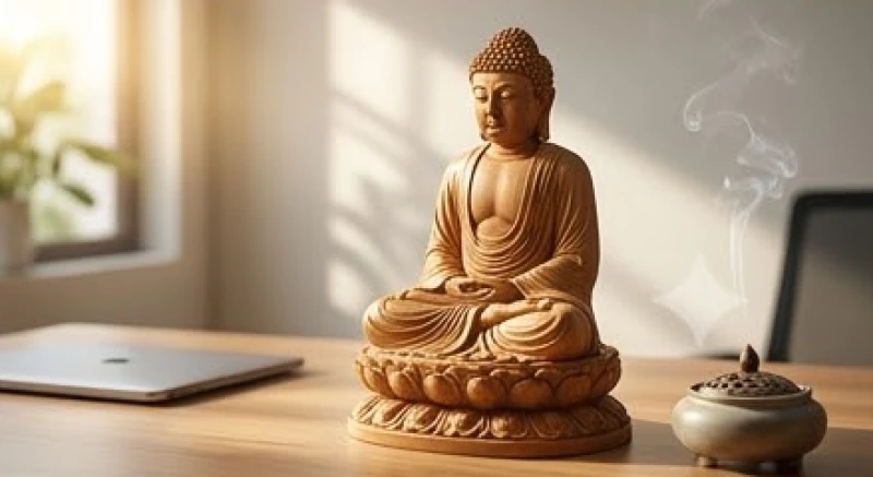 Tượng Phật Đại Nhật Như Lai bằng gỗ trầm hương được đặt ở vị trí trang trọng trên bàn làm việc
