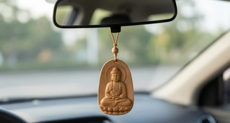 Vật phẩm treo xe cho người tuổi Ngọ: Chuẩn ngũ hành & cách treo 1 Mặt khánh gỗ dẹt khắc hình Phật Đại Thế Chí Bồ Tát treo trên gương chiếu hậu ô tô