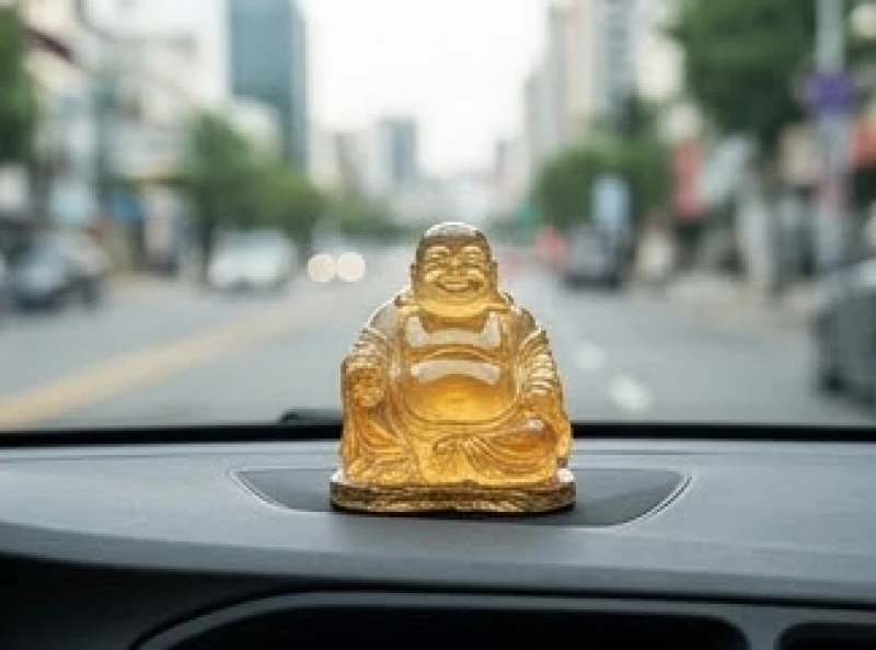 Tượng Phật Di Lặc bằng đá thạch anh vàng được đặt trang trọng trên taplo ô tô