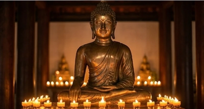 Bức tượng Phật bằng đồng mỉm cười hiền từ dưới ánh sáng ấm áp của những ngọn nến lung linh