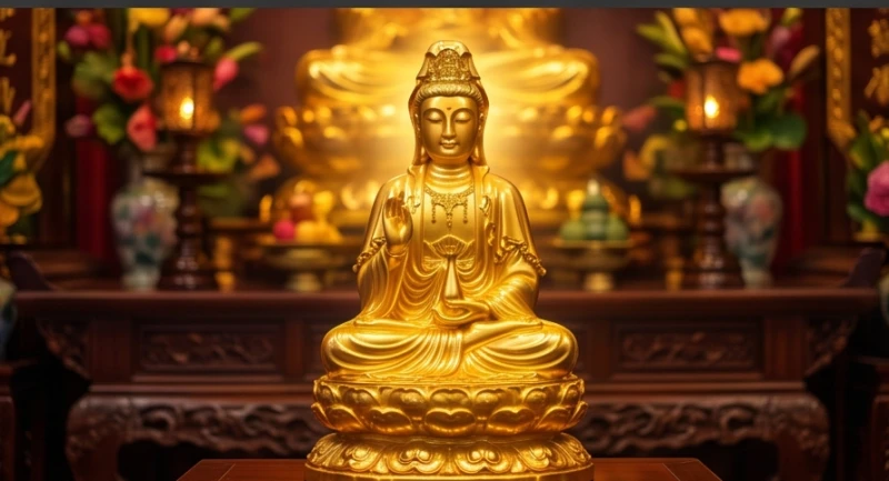Mơ thấy mẹ Quan Âm: Giải mã điềm cát hung và bộ số tài lộc 7 Bức tượng Quan Âm được đúc bằng vàng nguyên khối lấp lánh phản chiếu trường năng lượng của sự thịnh vượng.
