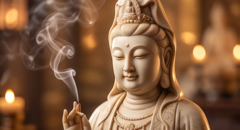 Tượng Phật Quan Âm với nét mặt hiền từ mỉm cười ban phước lành giữa làn khói trầm hương
