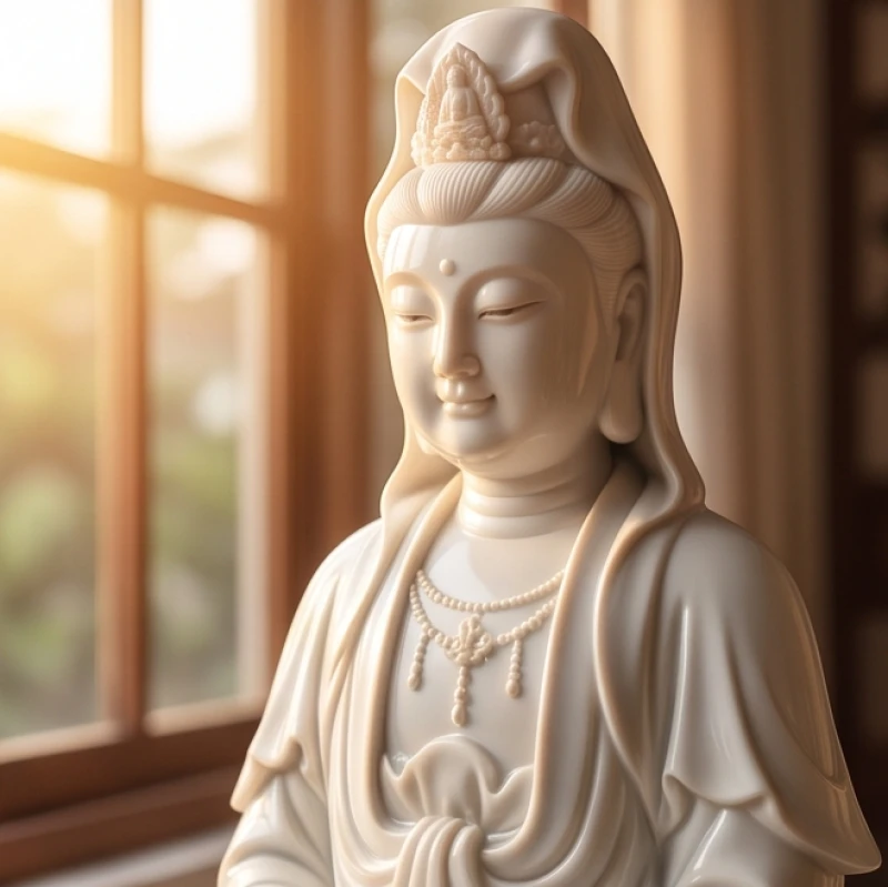 Tượng Phật Quan Âm bằng sứ trắng với nụ cười từ bi tỏa sáng êm dịu mang lại cảm giác bình an sâu sắc