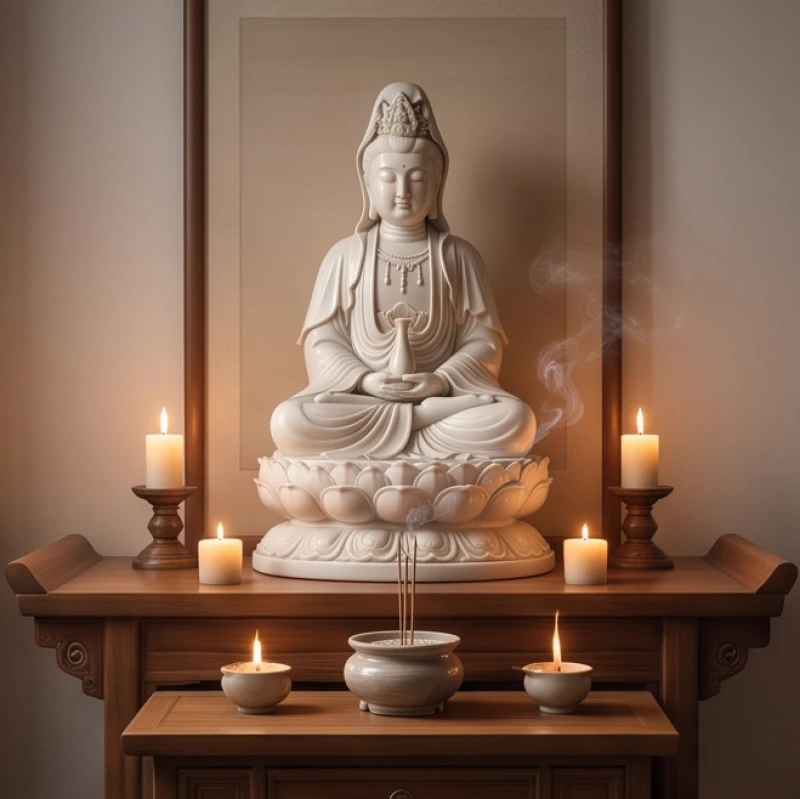 Bức tượng Phật Quan Âm thanh tịnh được đặt trang nghiêm trên bàn thờ tại gia với ánh nến lung linh