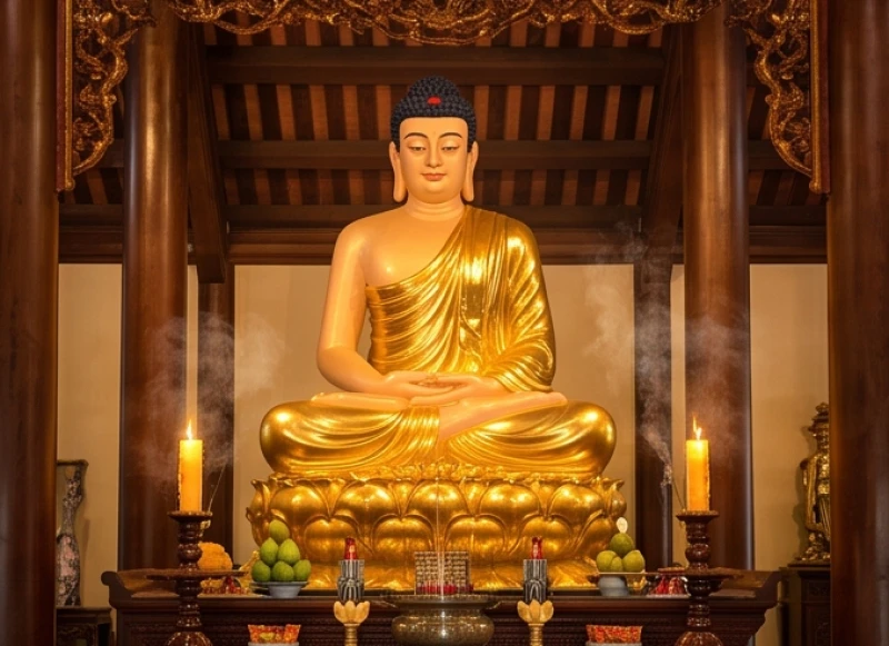 Tượng Phật Thích Ca Mâu Ni uy nghi mạ vàng được thờ tại vị trí trung tâm của Đại Hùng Bảo Điện