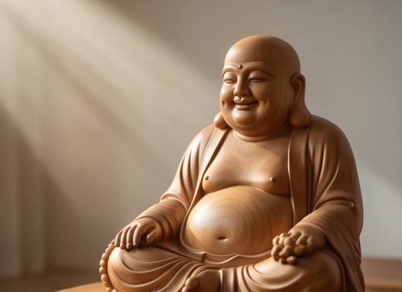 Bức tượng Phật Di Lặc an tọa với nụ cười từ bi, mang đến cảm giác ấm áp và no đủ cho người thành tâm chiêm bái