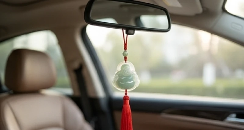 Mặt khánh chạm khắc tượng Phật treo trên gương chiếu hậu ô tô kèm dải tua rua đỏ mang lại cảm giác bình an