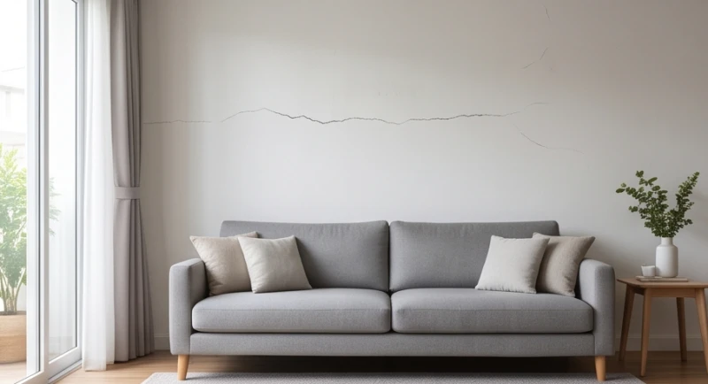 Mảng tường chính trong không gian phòng khách xuất hiện đường nứt ngang phía trên ghế sofa