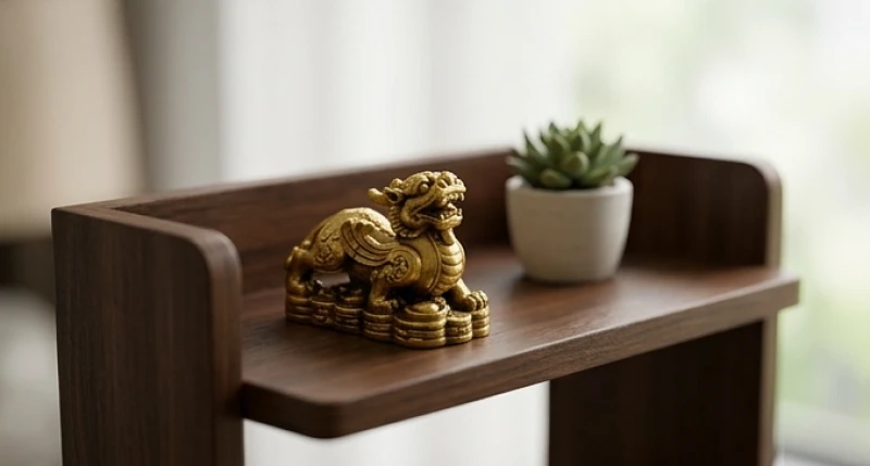 Linh vật phong thủy cỡ nhỏ làm từ bột đá ép phủ nhũ vàng trưng bày trên chiếc kệ mini thanh lịch