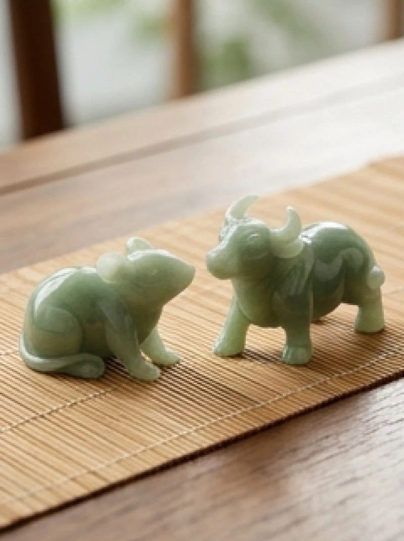 Cặp tượng Chuột và Trâu bằng ngọc bích đặt cạnh nhau tỏa ánh sáng dịu nhẹ