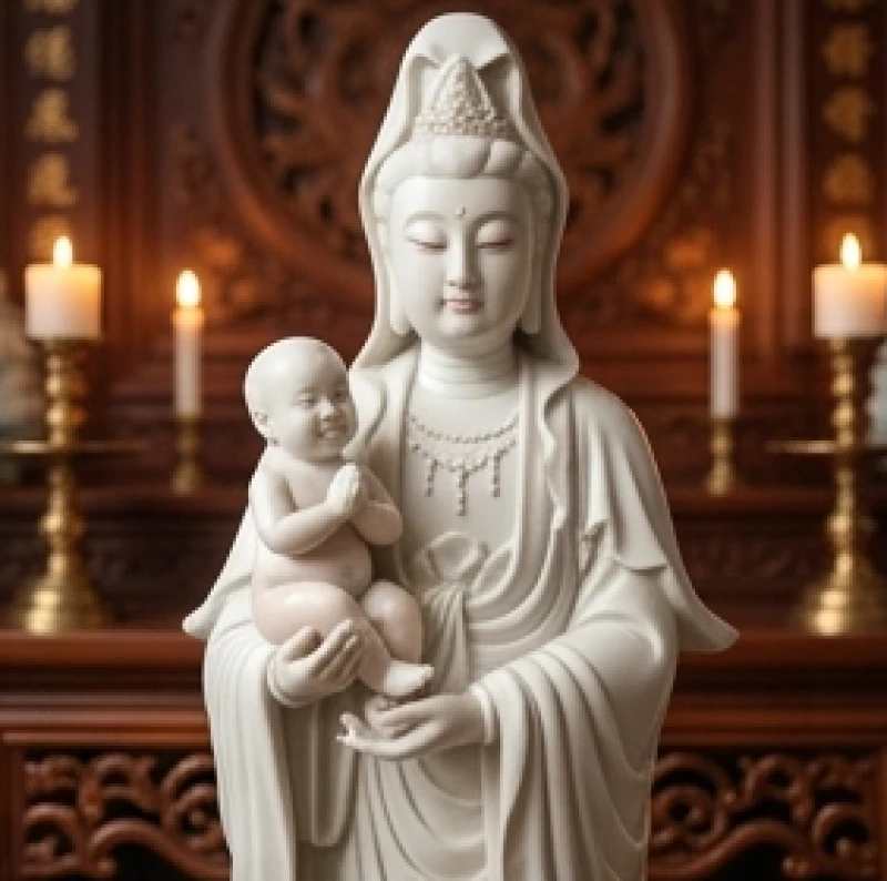 Văn khấn cầu con Quan Âm: Bài cúng chuẩn và nghi lễ cầu tự 3 Tôn tượng Quan Âm Tống Tử khoác áo choàng trắng bế một đứa trẻ bụ bẫm trên tay với nét mặt từ bi