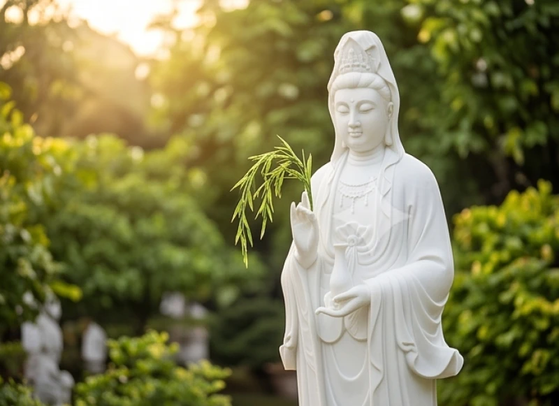 Tượng Quán Thế Âm Bồ Tát hiền từ đứng giữa không gian xanh mát tĩnh lặng của khuôn viên chùa