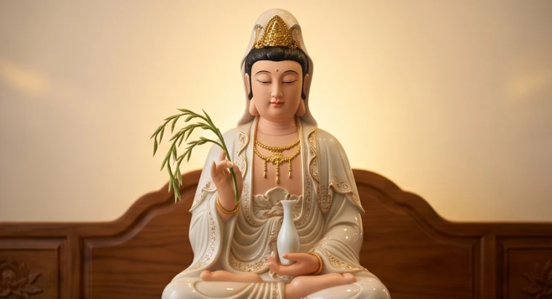 Tôn tượng Quán Thế Âm Bồ Tát tay cầm nhành dương liễu và tịnh bình chứa nước cam lồ với nét mặt vô cùng từ bi
