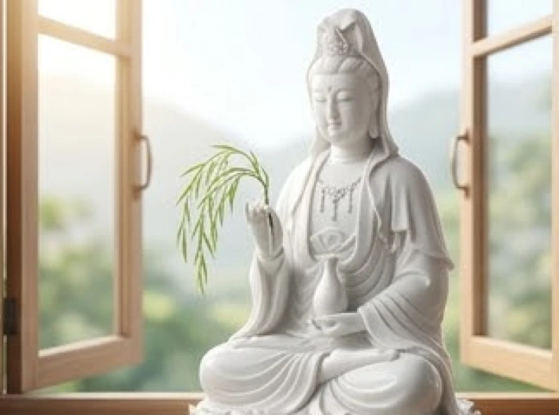 Tôn tượng Quan Thế Âm Bồ Tát bằng sứ trắng được chuẩn bị chu đáo cho nghi thức thỉnh an vị