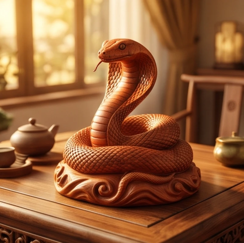 Tượng rắn phong thủy điêu khắc tỉ mỉ từ khối gỗ hương tự nhiên với những đường vân đỏ đặc trưng