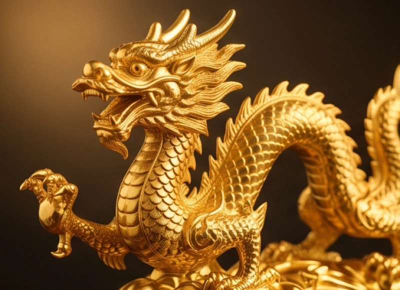 Bức tượng rồng bằng đồng mạ vàng 24K với các chi tiết vảy và móng vuốt được chế tác thủ công sắc nét