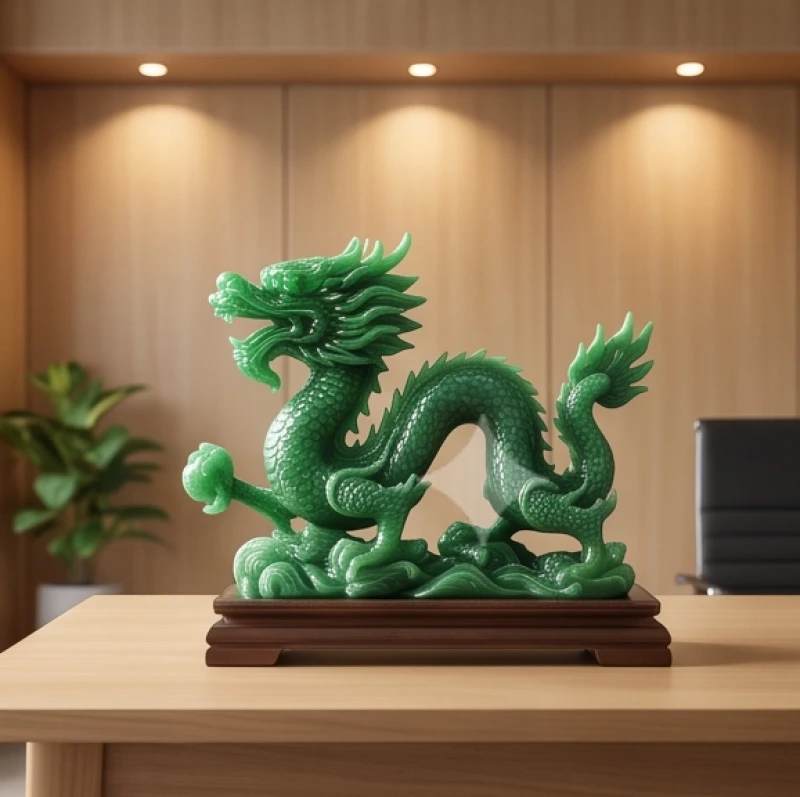 Tứ hành xung tuổi Tý: Mức độ kỵ và cách hóa giải theo nạp âm 11 Tượng rồng bằng ngọc lục bảo nguyên khối được đặt cẩn thận bên góc trái của chiếc bàn làm việc