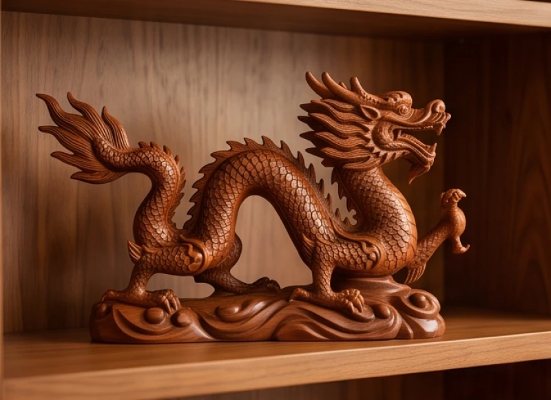 Tượng rồng điêu khắc nguyên khối từ gỗ hương đặt trang trọng trên kệ tủ phòng khách mang sinh khí ấm áp