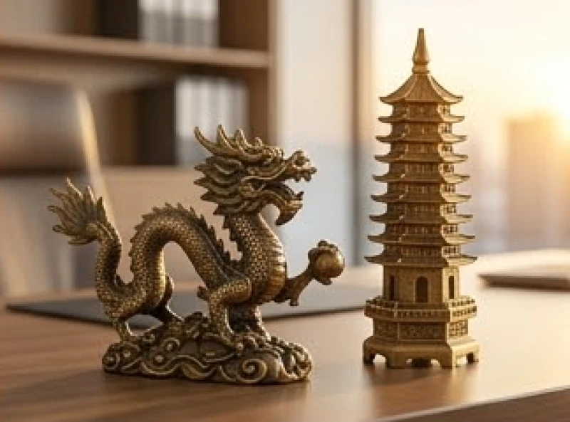 Tượng rồng quyền uy đặt cạnh tháp văn xương 9 tầng trên bàn làm việc sang trọng