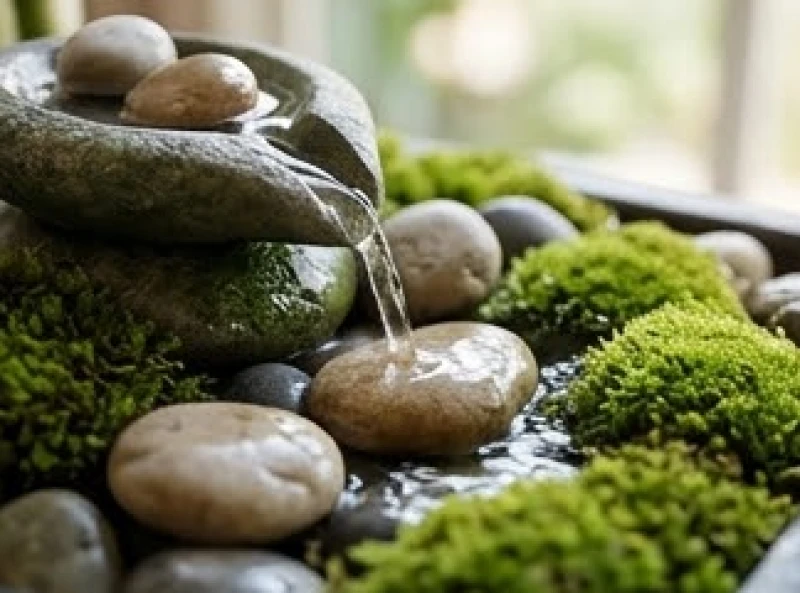 Dòng nước nhỏ chảy qua các viên sỏi và rêu xanh tượng trưng cho Thủy sinh Mộc