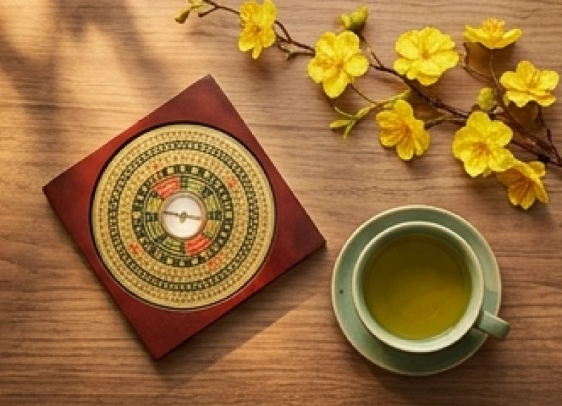 Sơ đồ phong thủy lục giác và cành mai vàng đặt cạnh chén trà nóng