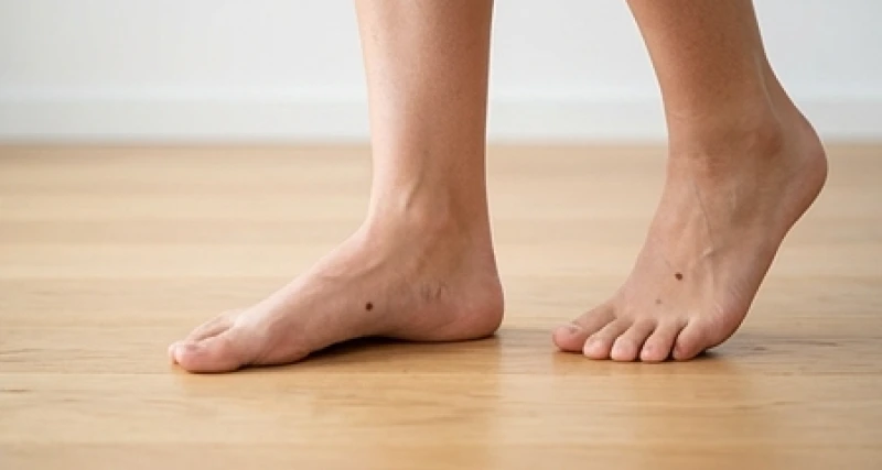 Nốt ruồi giữa lòng bàn chân: Ý nghĩa tướng số và kiểm tra ABCDE 2 Bàn chân trần có nốt ruồi giữa lòng bàn chân đang bước đi vững chãi trên sàn gỗ sáng màu