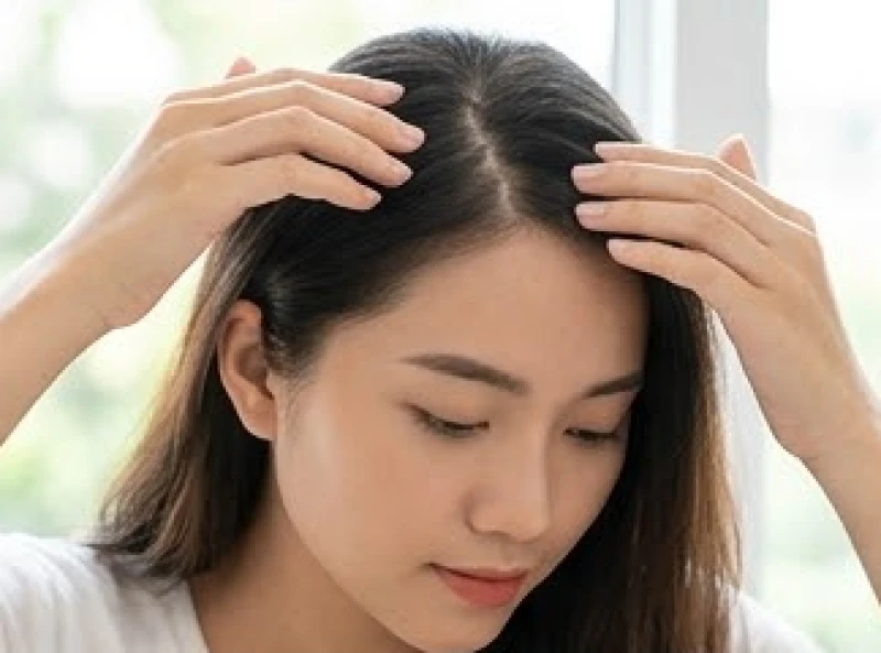 Nữ giới vén lớp tóc dày để lộ một nốt ruồi nhỏ phẳng tệp vào bề mặt da đầu