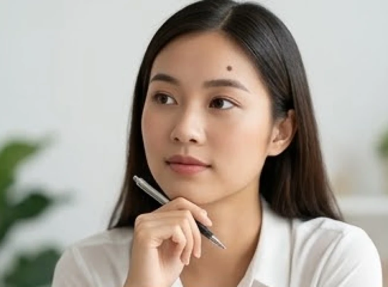 Người phụ nữ có nốt ruồi bên phải trán mang nét mặt trầm tư và phong thái cẩn trọng