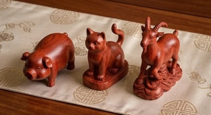 Bộ ba tượng linh vật tam hợp Hợi Mão Mùi bằng gỗ hương đỏ xếp liền kề nhau