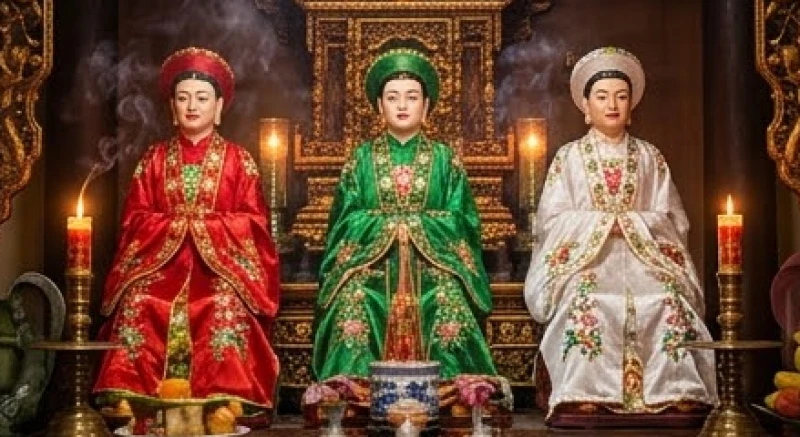 Văn khấn ban Mẫu: Bài cúng chuẩn và trình tự dâng lễ tại đền chùa 2 Hệ thống tượng pháp Tam Tòa Thánh Mẫu với trang phục ba màu đỏ, trắng và xanh