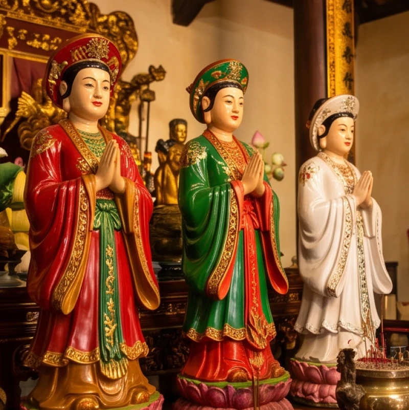 Tượng Tam Tòa Thánh Mẫu khoác y phục đặc trưng theo màu sắc của từng phủ trong không gian thờ tự