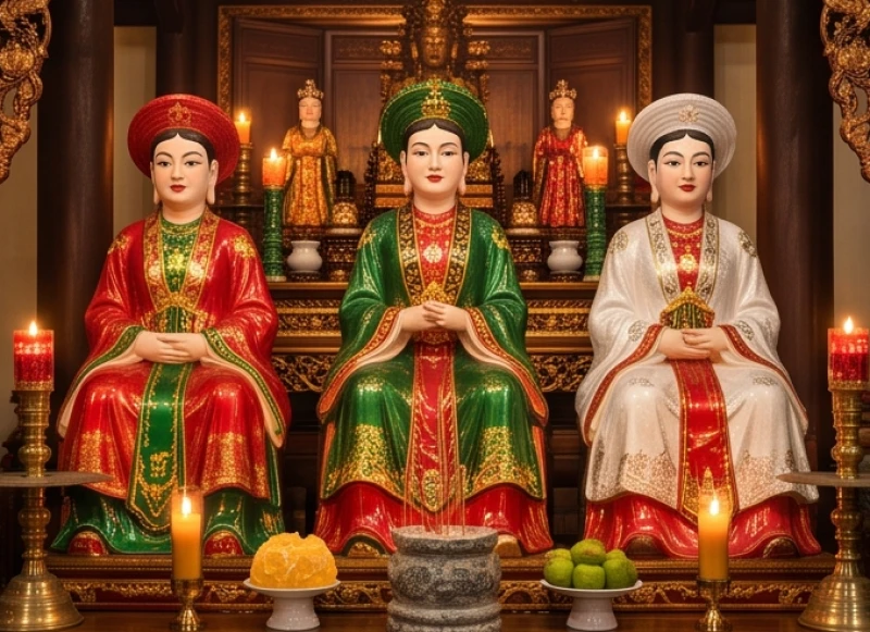 Ba pho tượng Tam Tòa Thánh Mẫu trong trang phục đỏ, xanh lá và trắng ngự trên bệ thờ