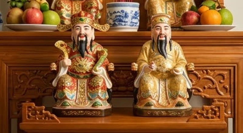 Hai bức tượng Thần Tài và Thổ Địa bằng sứ cao cấp được đặt song hành trên ban thờ tỏa ánh sáng vàng ấm áp