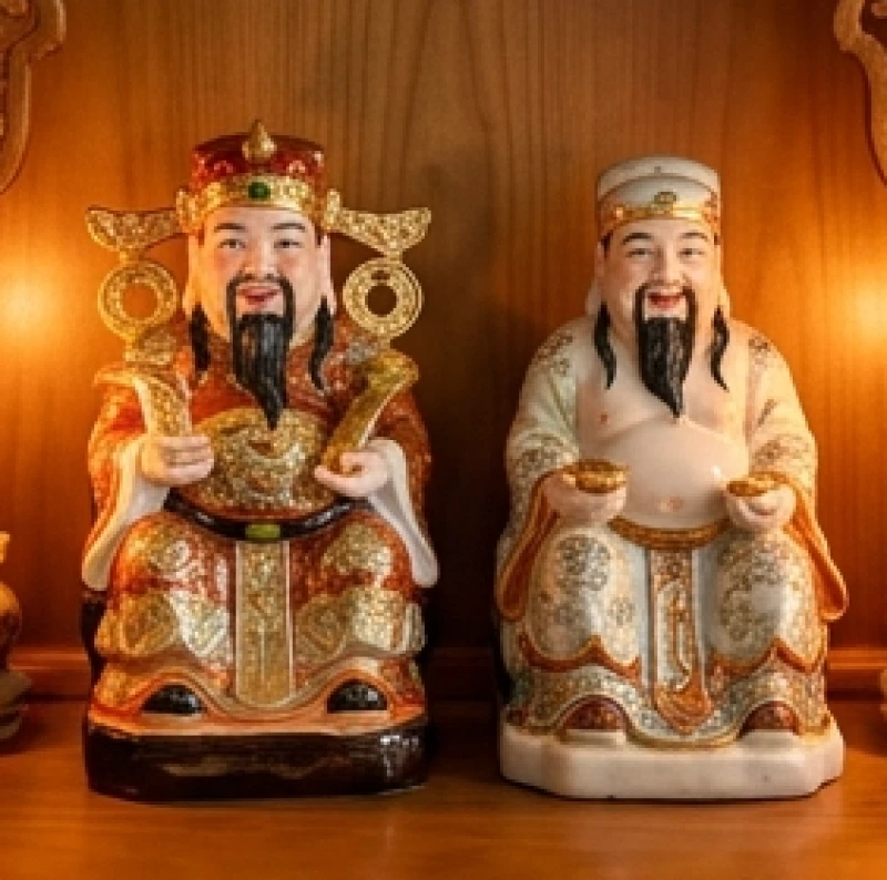 Cách bài trí bàn thờ Thần Tài cho tuổi Dần: chuẩn sơ đồ 5 mệnh 2 Tôn tượng Thần Tài và Ông Địa bằng sứ cao cấp với thần thái tươi sáng được đặt ngay ngắn