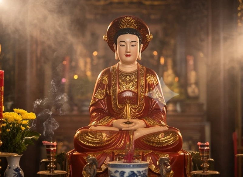 Bức tượng uy nghi của Thánh Mẫu Liễu Hạnh được thờ phụng trang trọng giữa trung tâm chính điện phủ Giầy