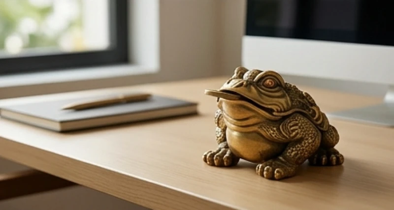 Tượng cóc ngậm tiền bằng đồng thau chạm khắc tinh xảo yên vị ở góc trái bàn làm việc ngăn nắp