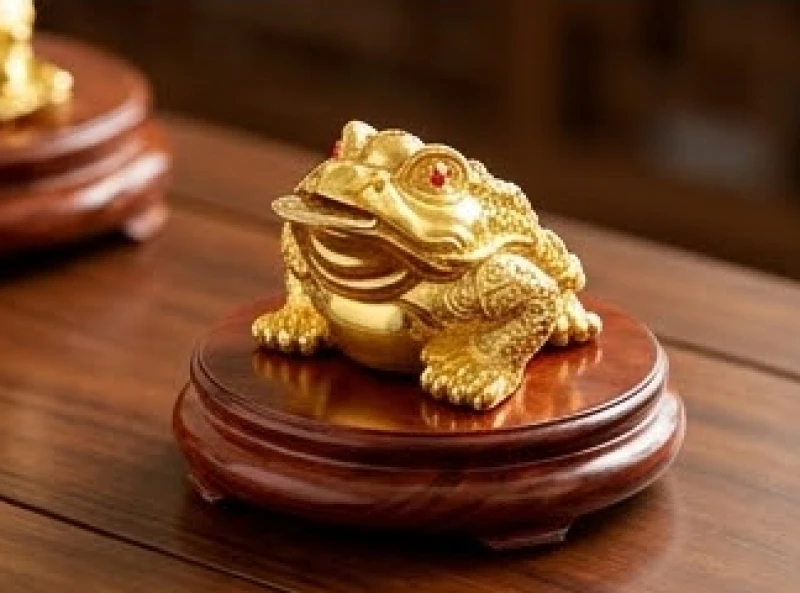 Tượng cóc ngậm tiền Thiềm Thừ mạ vàng 24K đặt trang trọng trên bàn gỗ phòng khách